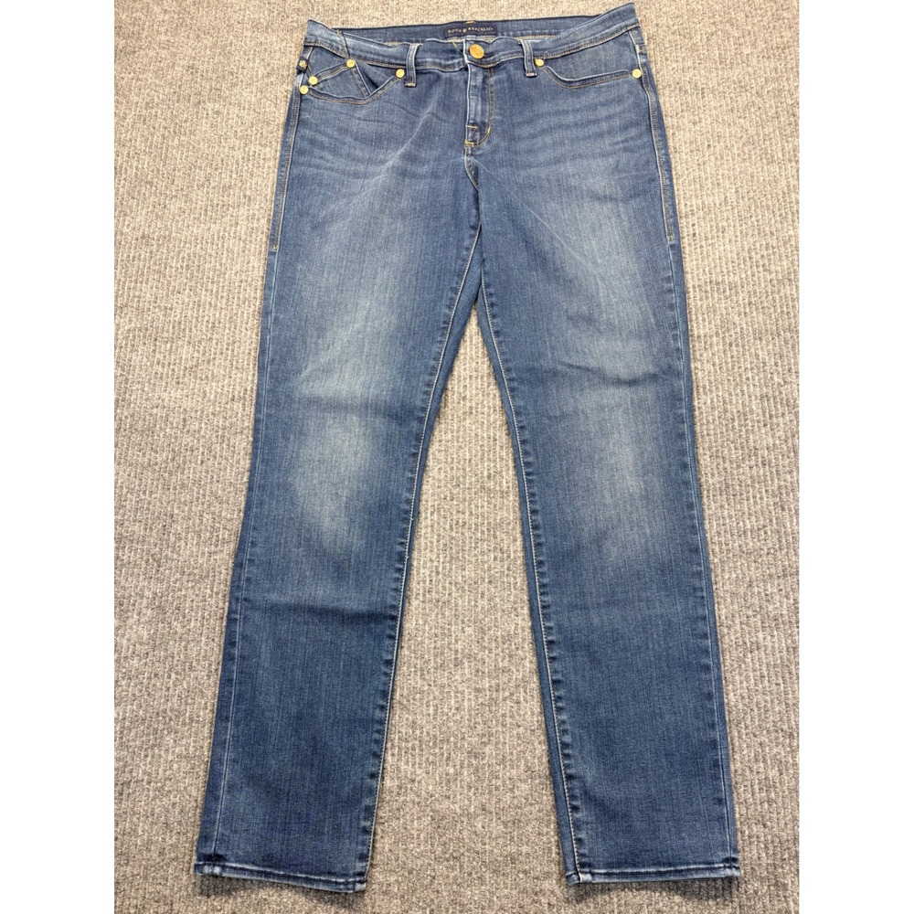 Rock & Republic Berlin Skinny Jeans Medium Wash Blue Denim Gold Logo 14 M